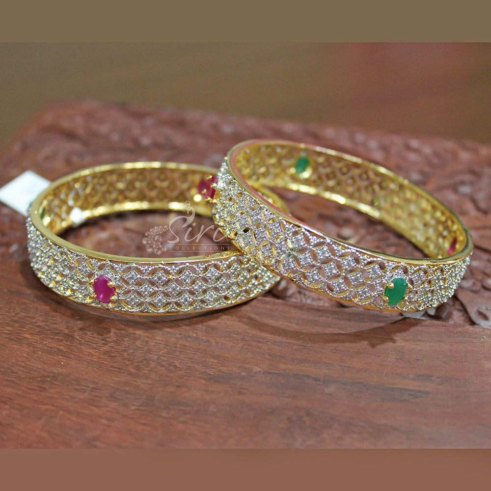 Traditional Look CZ Pair of Bangles in Ruby and Emerald