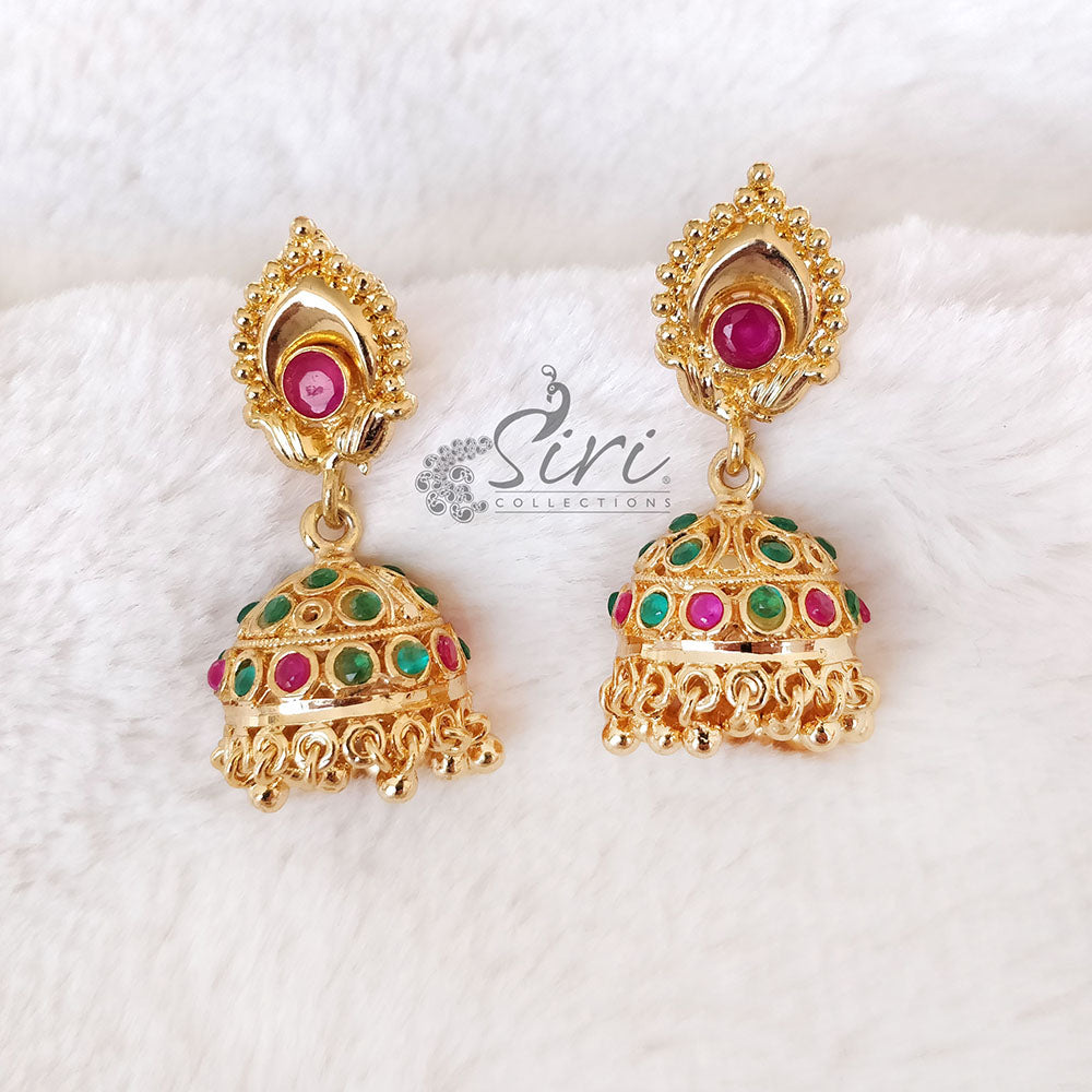 Beautiful Multi Stone Jhumkis in Gold Micro Polish