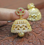 Traditional AD Stone Jhumkis with Pearl Drop