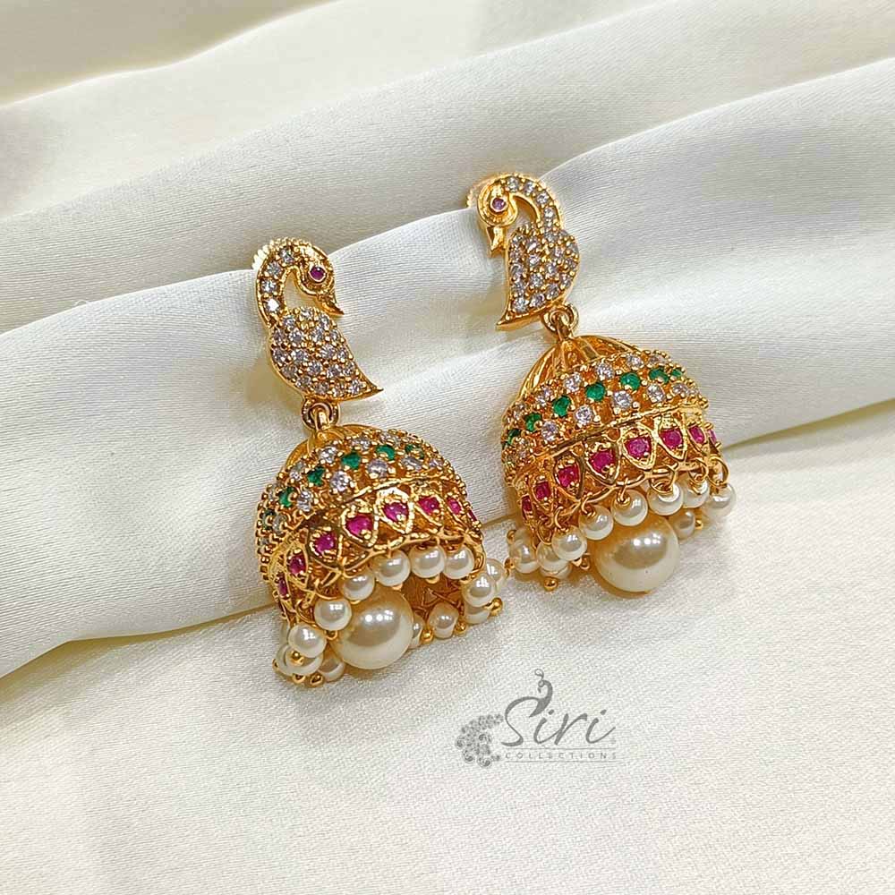 Lovely CZ Stone Jhumkas in Peacock Design