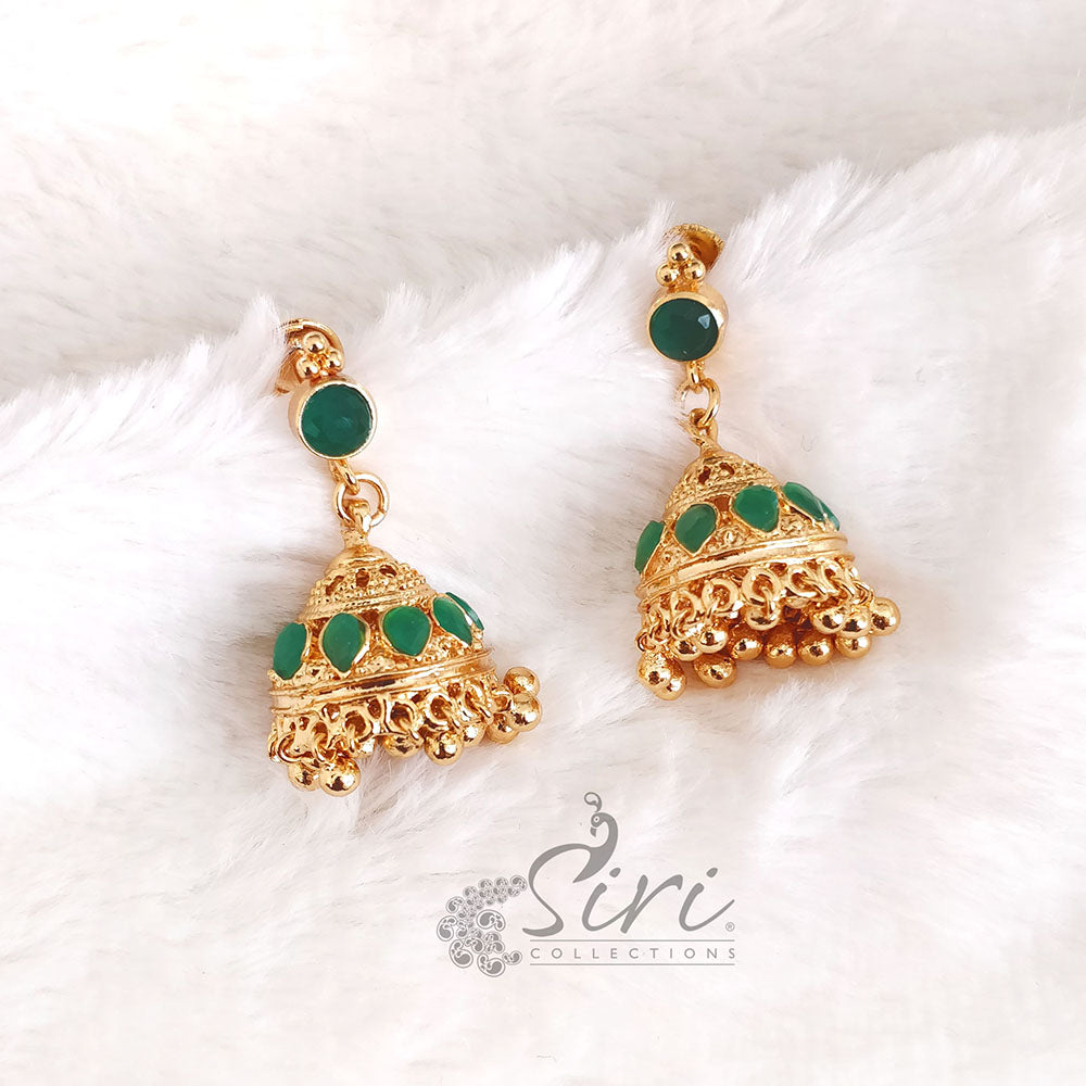 Lovely Gold Plated Jhumkas in Green Stones