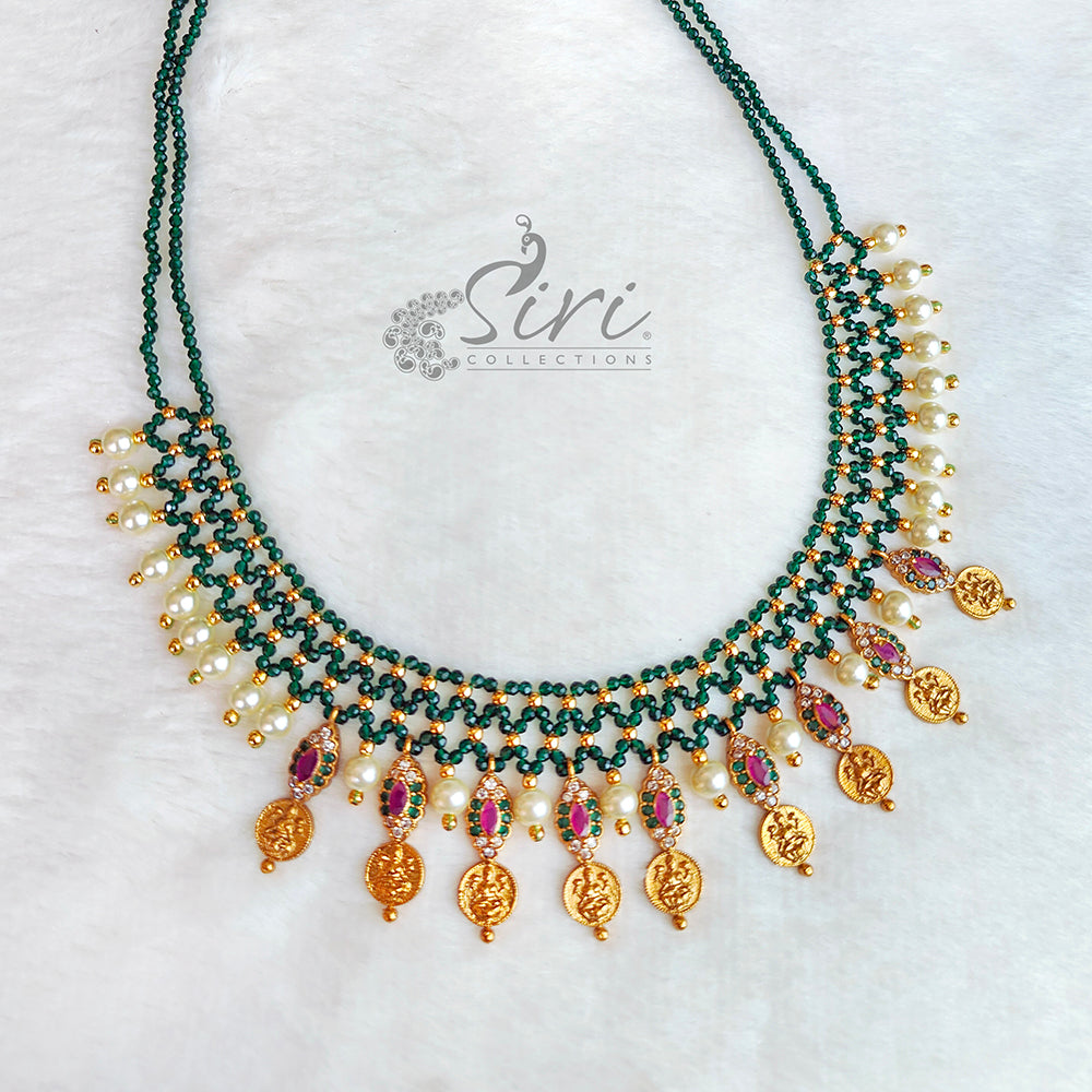 Beautiful Handmade Necklace Green Spinels And Lakshmi Kasu