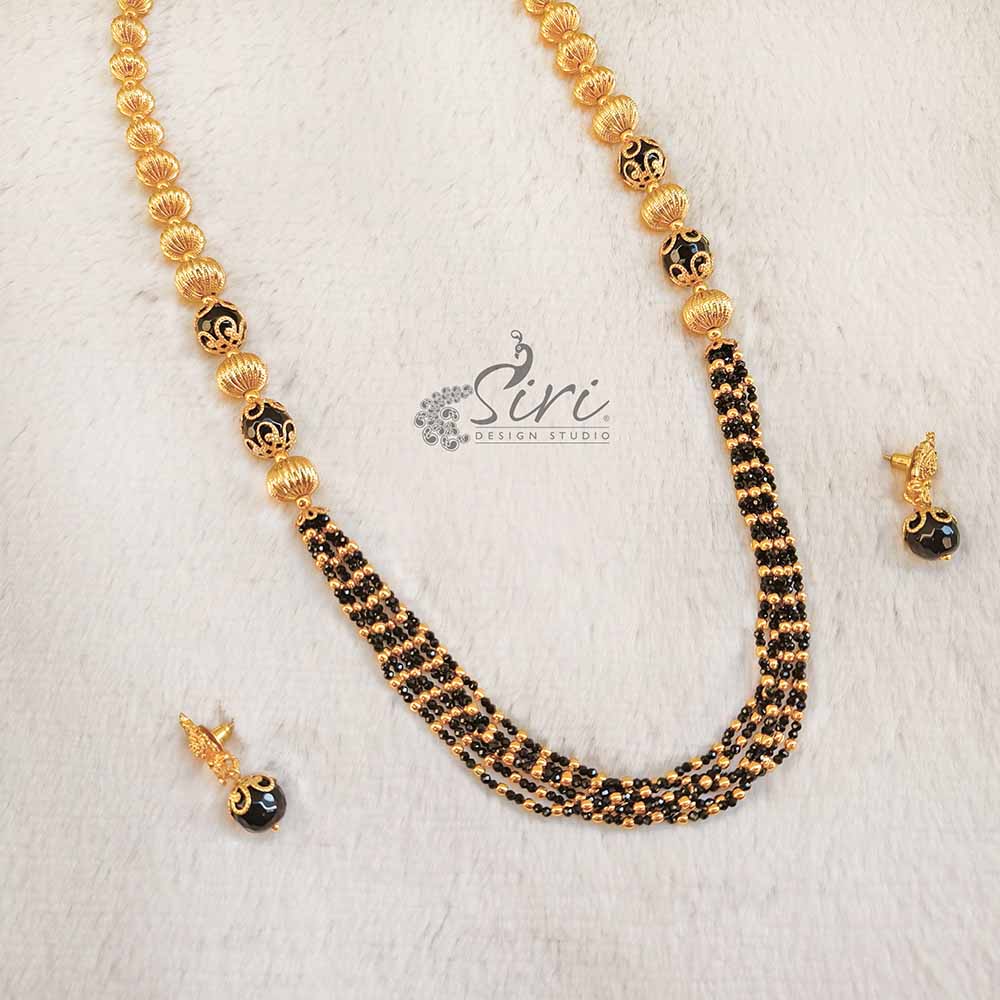 Black Spinels and Gold Micro Polish Balls Chain Necklace Set